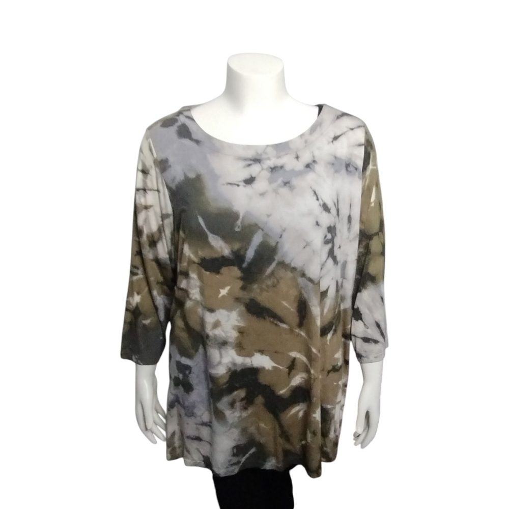 Kim Gravel Women's Belle Boho Tie Dye Dreams Olive Resort Casual Tunic Top Sz 2X
